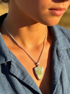 Sterling Silver Green Inlay Shield Pendant Necklace